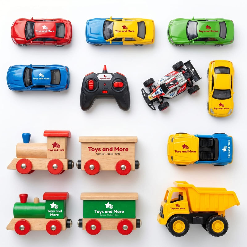 Collection of toy cars, a remote control, and a toy train set on a white background with 'Toys And More' branding.