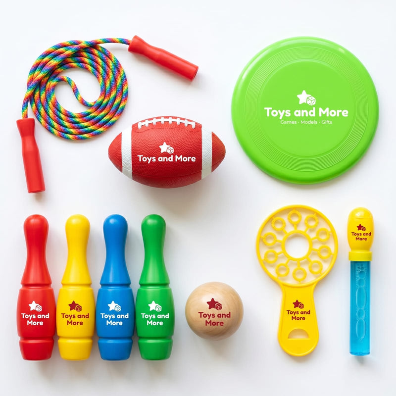 Assorted toys including a jump rope, football, frisbee, bowling pins, and balls on a white background with 'Toys and More' branding.