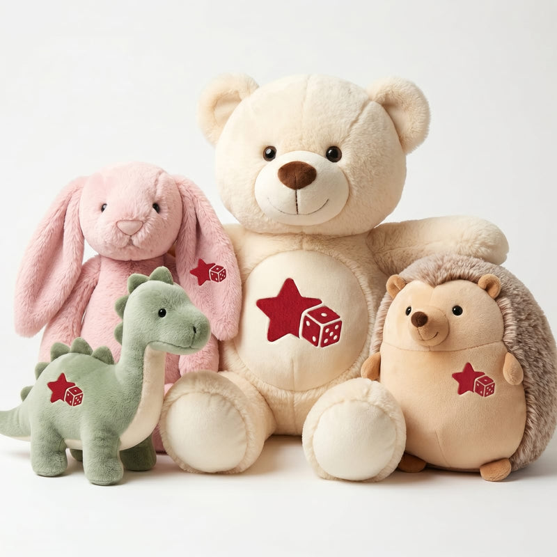 Set of plush toys including a bear, rabbit, dinosaur, and hedgehog on a white background